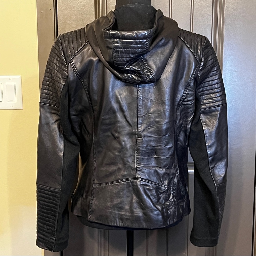 MICHAEL KORS Genuine Leather Hooded Moto Jacket, Size Large - Picture 5 of 12